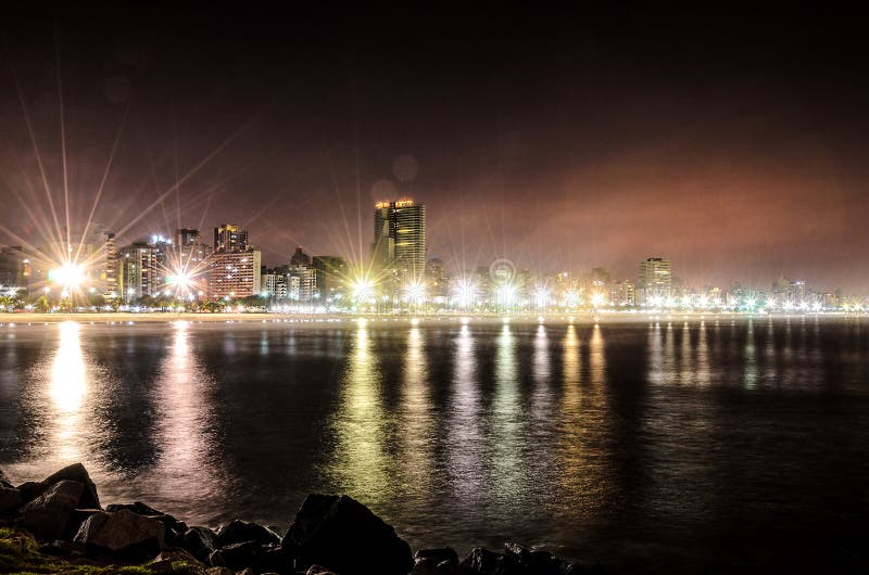 Night view of the coastline of Santos beach, Brazil