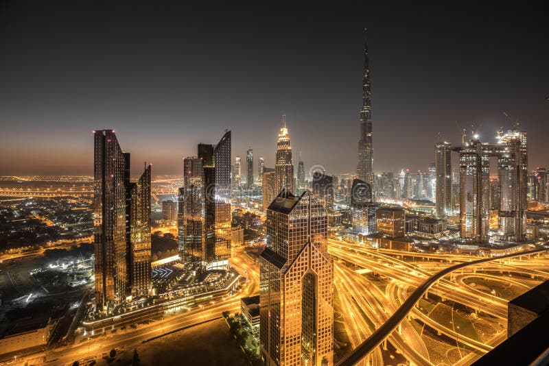 Night view of Dubai Downtown district.