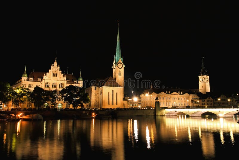 The night view of major landmarks in Zurich