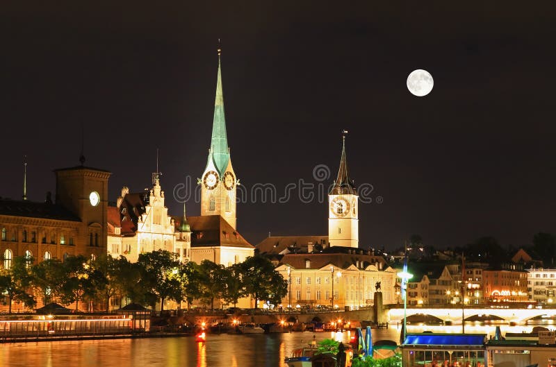 The night view of major landmarks in Zurich