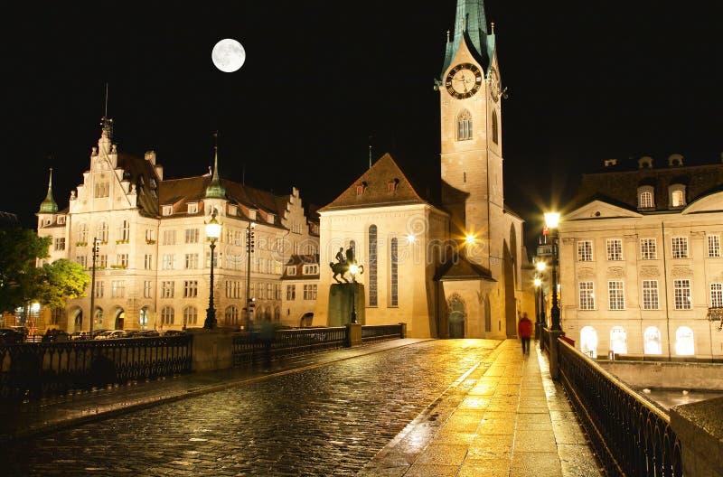 The night view of major landmarks in Zurich