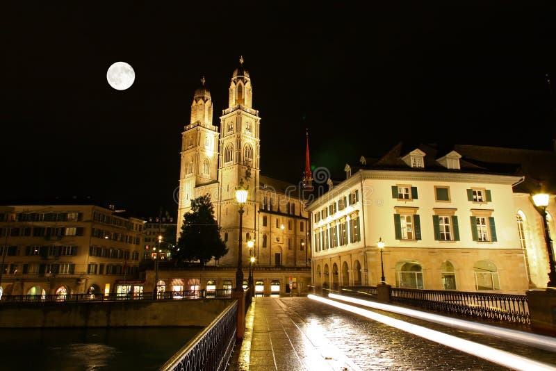 The night view of major landmarks in Zurich