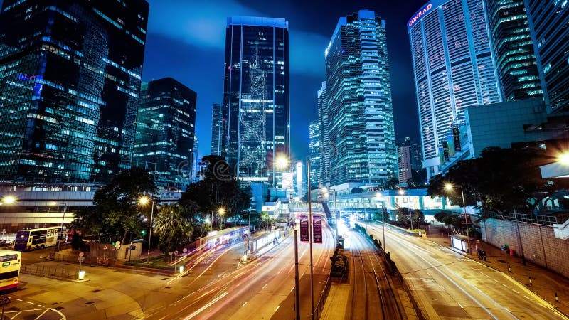 Night view of modern city traffic. Time lapse. Hong Kong