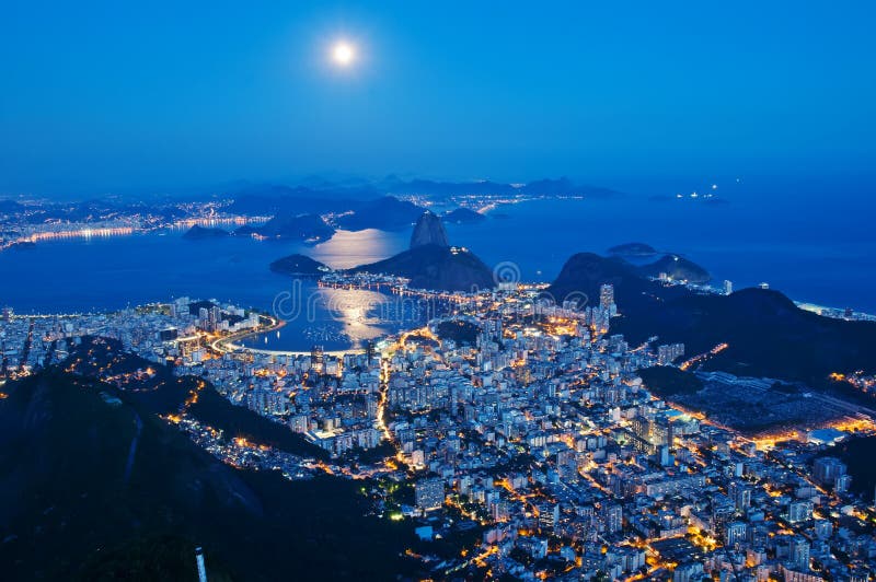 Night view of mountain Sugar Loaf and Botafogo in Rio de Janeiro