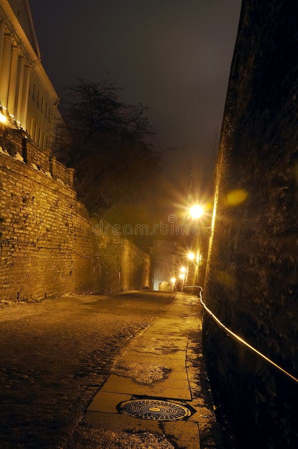 Night view on the old city town street in Tallinn, Estonia