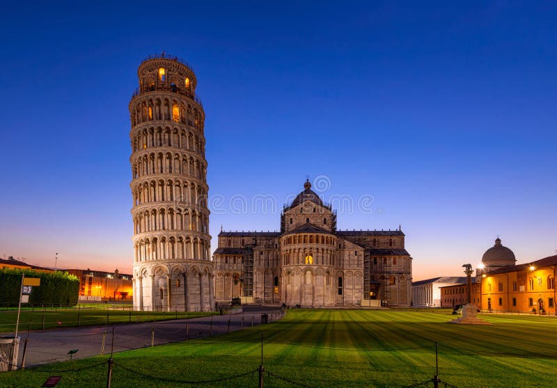 Night view of Pisa Cathedral Duomo di Pisa with the Leaning Tower of Pisa Torre di Pisa on Piazza dei Miracoli in Pisa, Tuscan stock images