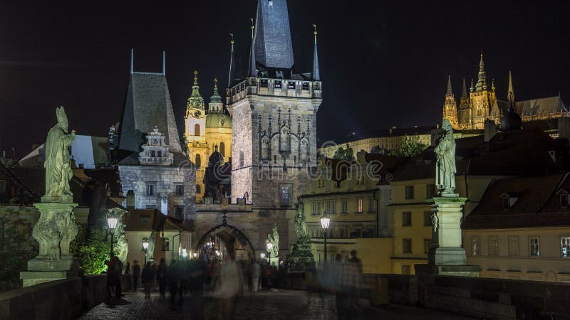 The night View on Prague Lesser Town with St. Nicholas&#x27; Cathedral and Bridge Tower timelapse from Charles bridge, Czech Republic. The night View on Prague Lesser Town with St. Nicholas&#x27; Cathedral and Bridge Tower timelapse from Charles bridge, Czech Republic