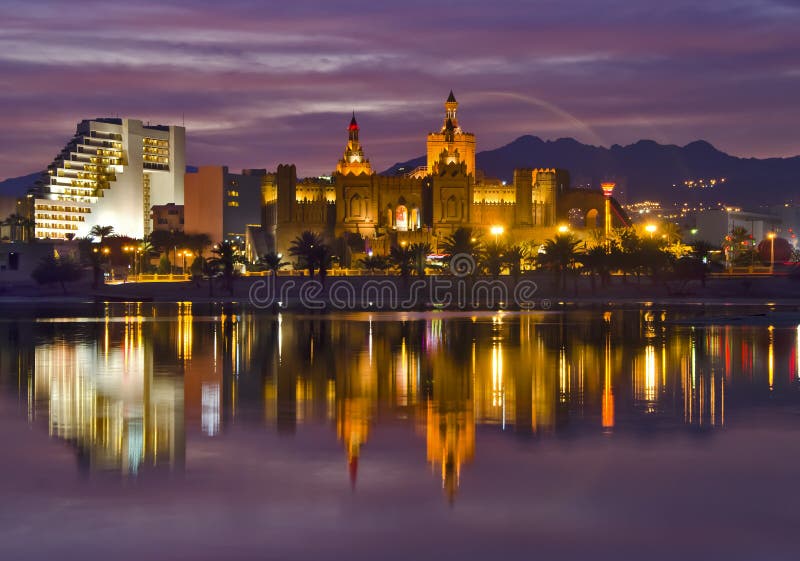 Night view on resort hotels in Eilat city, Israel