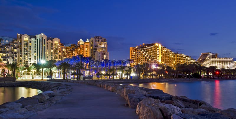 Night view on resort hotels, Eilat, Israel