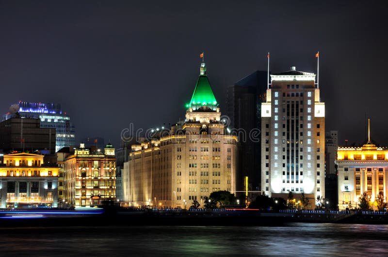 Night view of Shanghai Bund business buildings