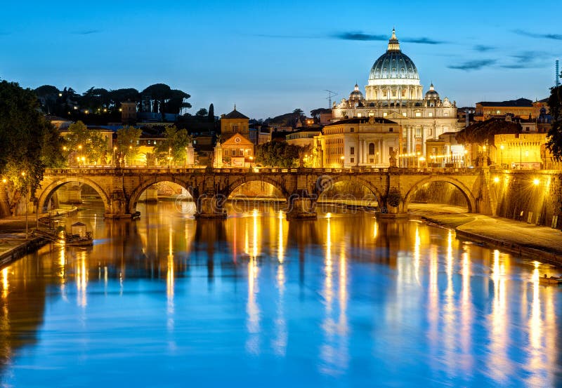 Night view of the St. Peter's Basilica and the Ponte Sant Angelo in Rome, Italy. Hdr bridge stock images, royalty-free photos and pictures