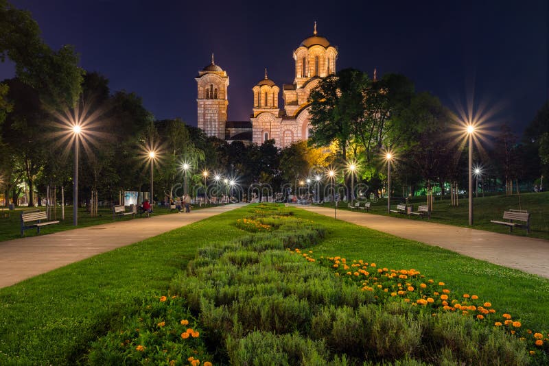 Tasmajdan park and St. Mark`s church in Belgrade