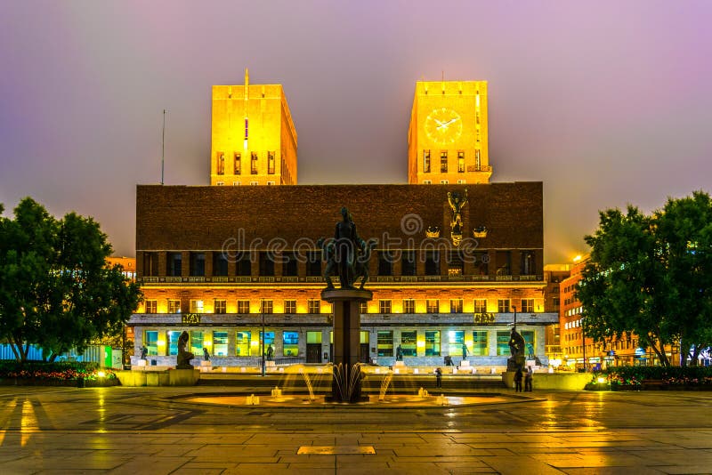 Night View of the Town Hall in Oslo, Norway...IMAGE Stock Image Image