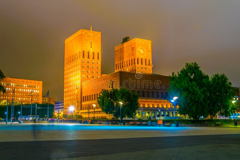 Night View of the Town Hall in Oslo, Norway...IMAGE Stock Image Image
