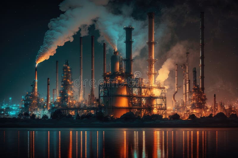 Night View of Working Oil Refinery Complex with Smoke Stacks Stock