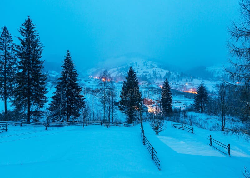 Night winter Carpathian mountain village Zelene, Verkhovyna, Ukraine