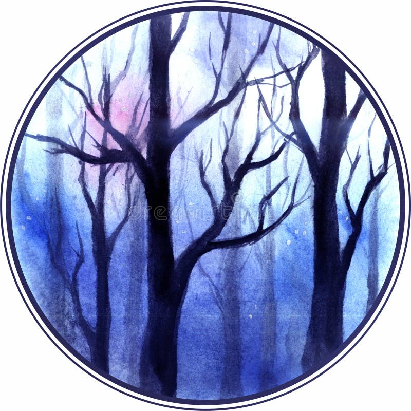 Night winter forest watercolor illustration