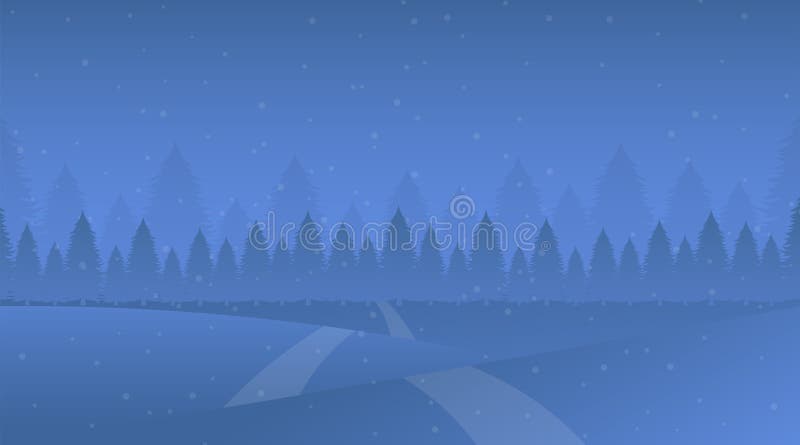 Night winter landscape vector illustration. Snowy meadow, snowdrifts, trodden road, fir-tree forest. Cold evening