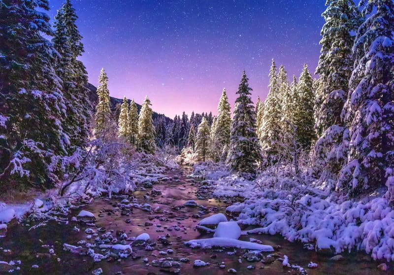 Night winter nature landscape in mountains