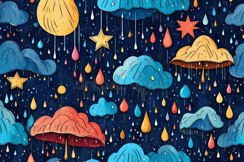 Nightfall Serenade Cascading Rainbow Shower Under Moonlit Sky Stock