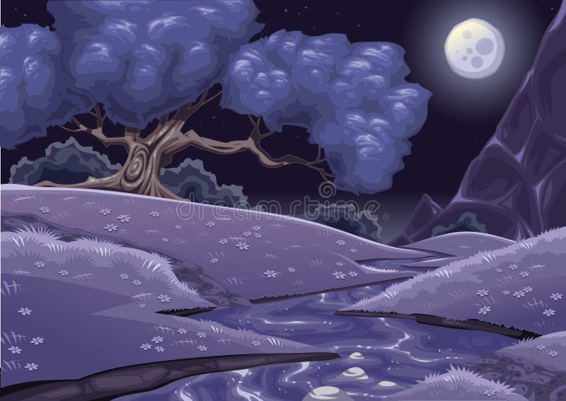 Nightly landschap van het beeldverhaal met stroom stock illustratie Nightly landschap van het beeldverhaal met stroom stock illustratie