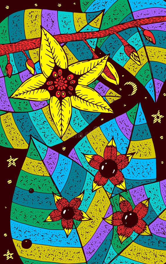 Nightshade - florale illustratie kleurrijke plantentekening Grafisch psychedelische multicolored lijnkunst Vectorillustraties