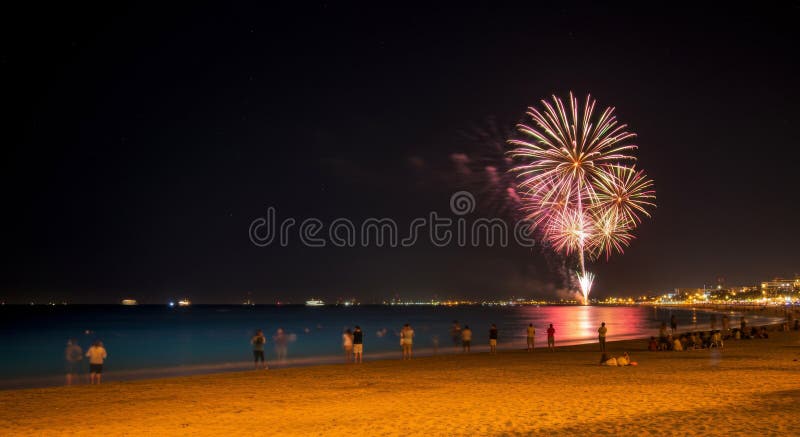 Nighttime Beach Fireworks Display stock illustratie