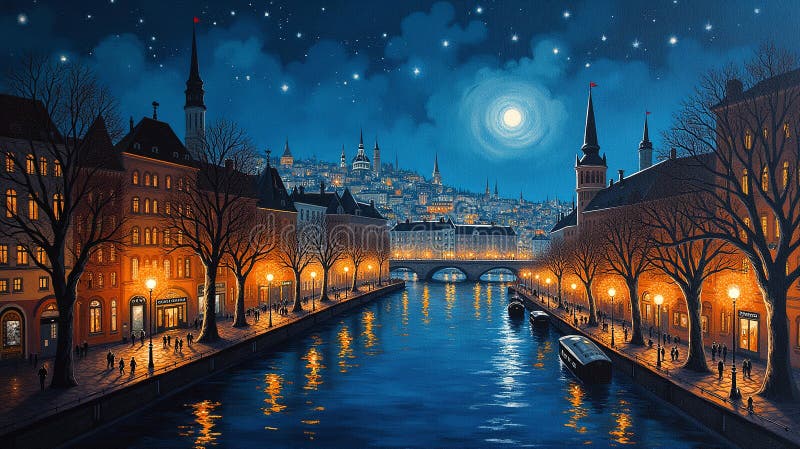 Nighttime Cityscape : En blandning av gamla och nya stock illustrationer