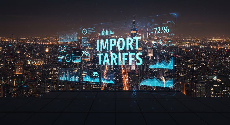 Nighttime cityscape med digital övertäckning med orden IMPORT TARIFFS vektor illustrationer
