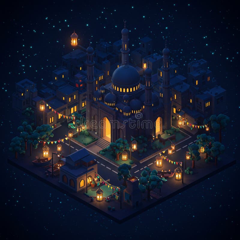 Nighttime cityscape med en stiliserad belyst moské med flera kuvert och royaltyfri illustrationer