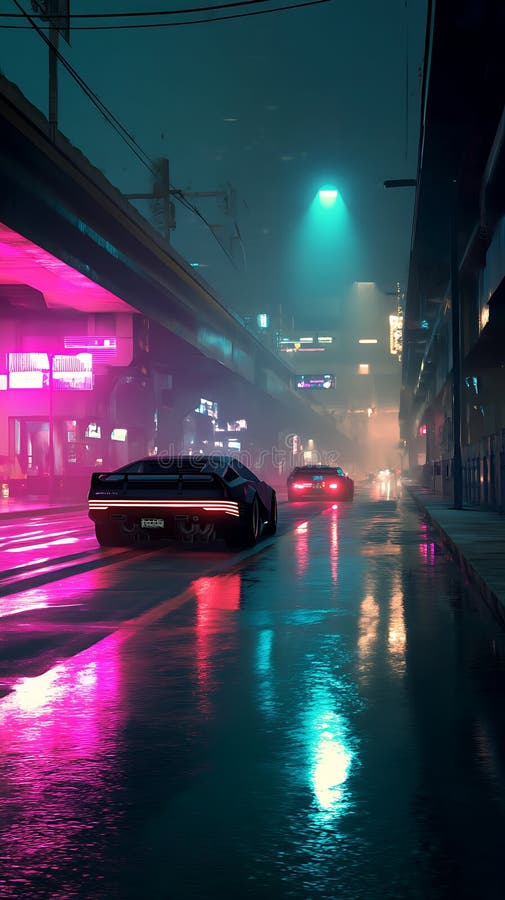 Nighttime cityscape med ett futuristiskt tema. Två slimmade bilar kör ner en våt stock illustrationer