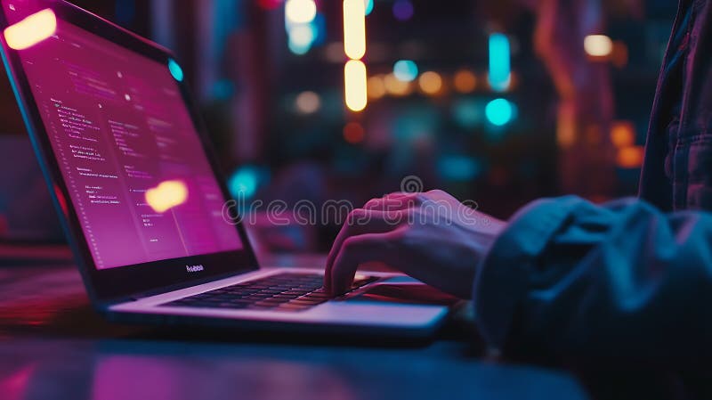 Nighttime Coding Session: Developer Working Late on Laptop. A person types on a laptop, its screen displaying lines of code. The environment features blurred, colorful lights in the background, indicating a vibrant, possibly urban nighttime setting. The individual wears casual clothing, focusing intently on the task. The ambient lighting casts a pinkish-blue hue onto the workspace, creating a modern and dynamic atmosphere.