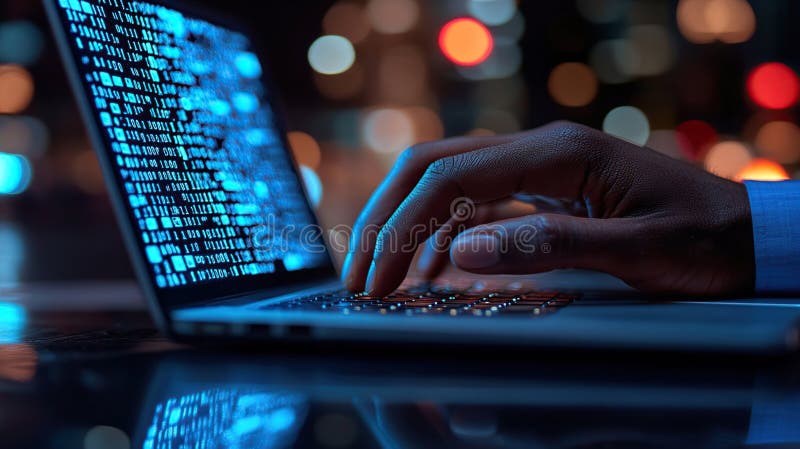 Nighttime coding session. A person types on a laptop displaying lines of code at night vector illustration