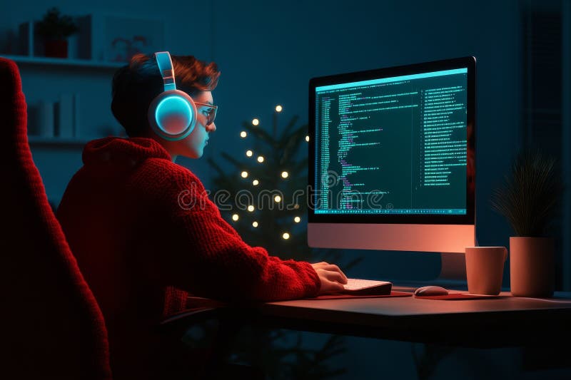 Nighttime Coding Session A young coder works late illuminated by screen glow Concepts focus dedication technology progress. A young coder works late, illuminated by screen glow. Concepts: focus, dedication, technology, progress, digital future. Can be used for display or montage your products. Generative AI