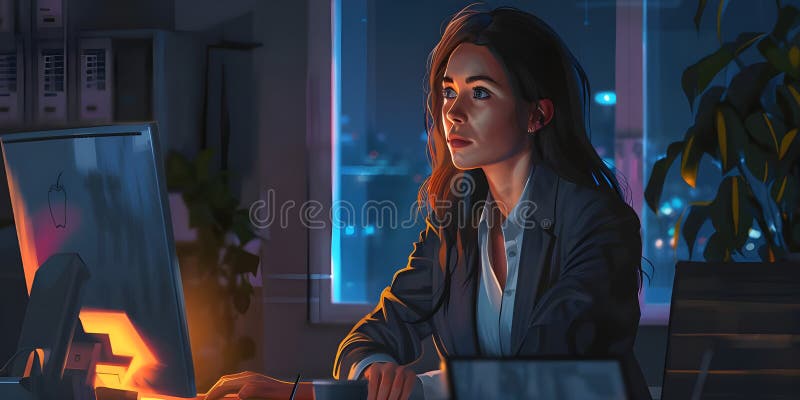 Nighttime Office Reflection: Person Working at a Desk with Dual Monitors Displaying Data and Charts, Overlooking a Vibrant stock illustration
