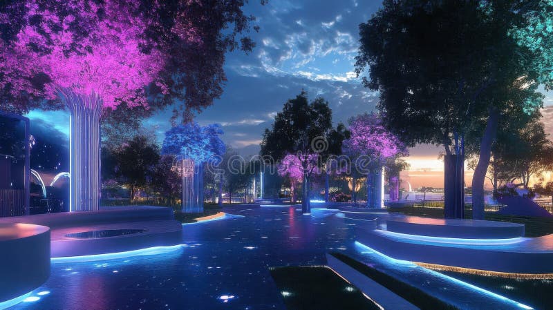 Nighttime Park, Illuminated Pathways, Glowing Trees, Futuristic Seating, Tranquil Ambiance, Modern Design, Serene A vector illustration