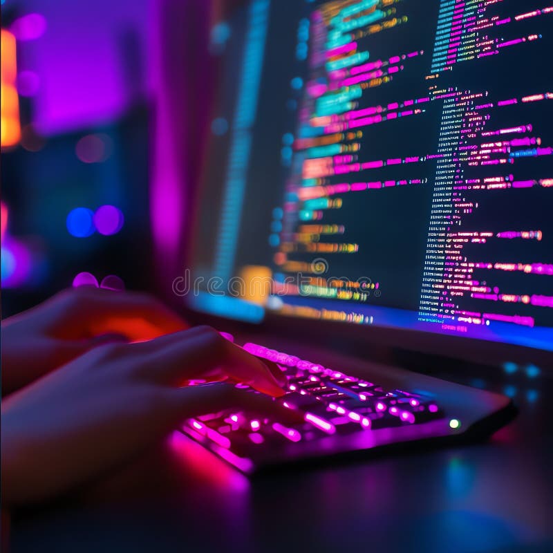 Nighttime Programmer Coding on Keyboard with Colorful Screen royalty free illustration