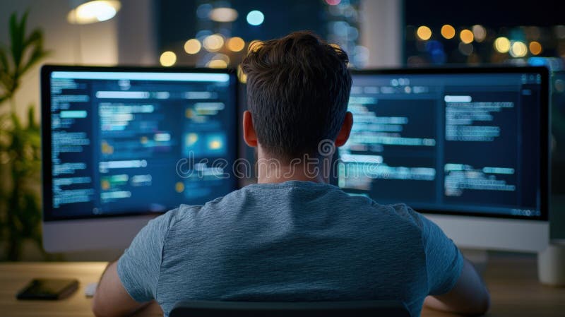 Nighttime programmer dual monitor coding session stock illustration