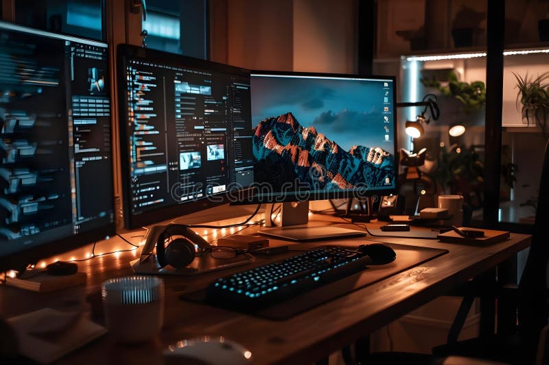 Nighttime Programmer's Workspace: Coding Projects Illuminate Screens with Mountain View, Creating Software Applications vector illustration