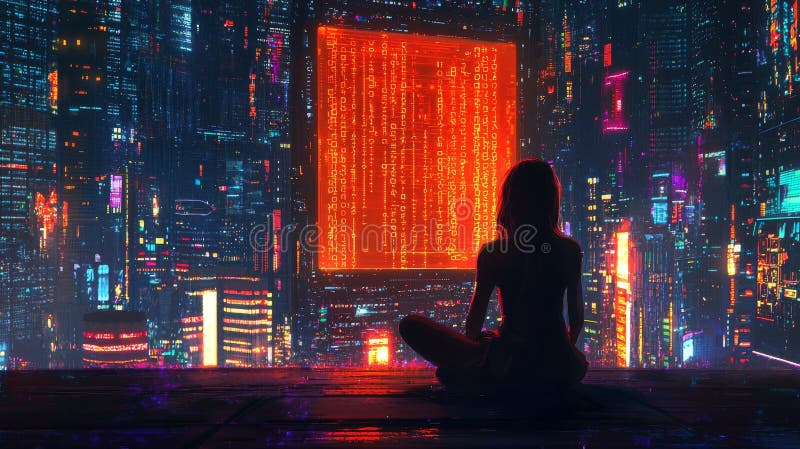 Nighttime programming by a female programmer in an urban setting with a high-tech screen royalty free stock photo