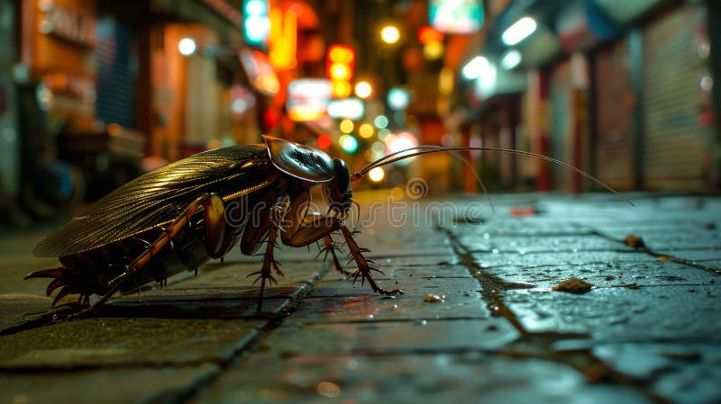 Scena nopții a unui gândac de bucătărie pe un trotuar de oraș. viață de insecte urbane într-un mediu nocturn. conceptul de gestion stock image