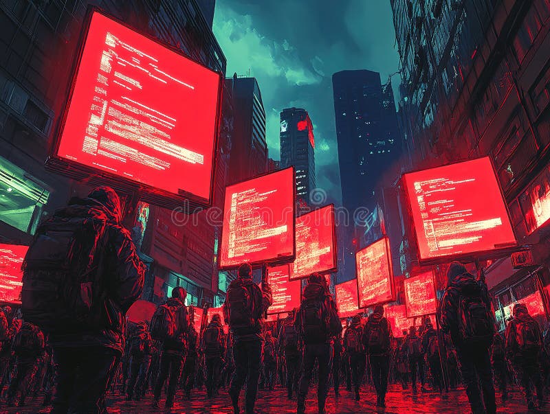 Nighttime urban scene with tall buildings, illuminated skyscrapers, and large screens displaying codingdata streams stock illustration