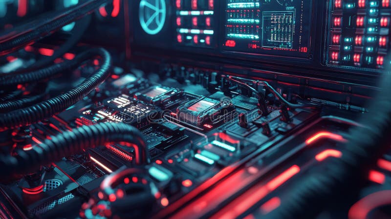Nighttime view of an illuminated server rack with cables in a data center royalty free stock images