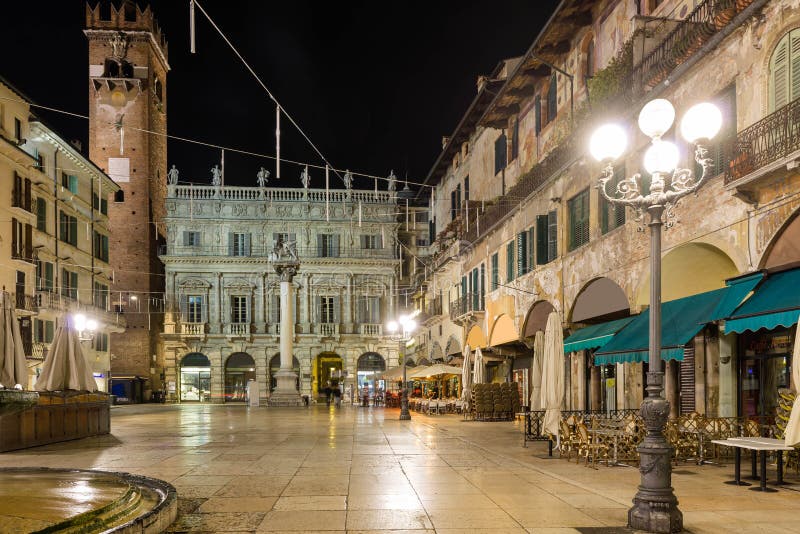 Nightview of Piazza delle Erbe, also called Market Square, where the forum was during the roman empire. Nightview of Piazza delle Erbe, also called Market Square, where the forum was during the roman empire