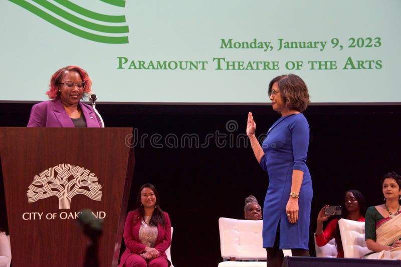 Oakland, CA - Jan 9, 2023: Oakland Council member Nikki Fortunato Bas being sworn into office during the Mayoral Inauguration ceremony. Oakland, CA - Jan 9, 2023: Oakland Council member Nikki Fortunato Bas being sworn into office during the Mayoral Inauguration ceremony