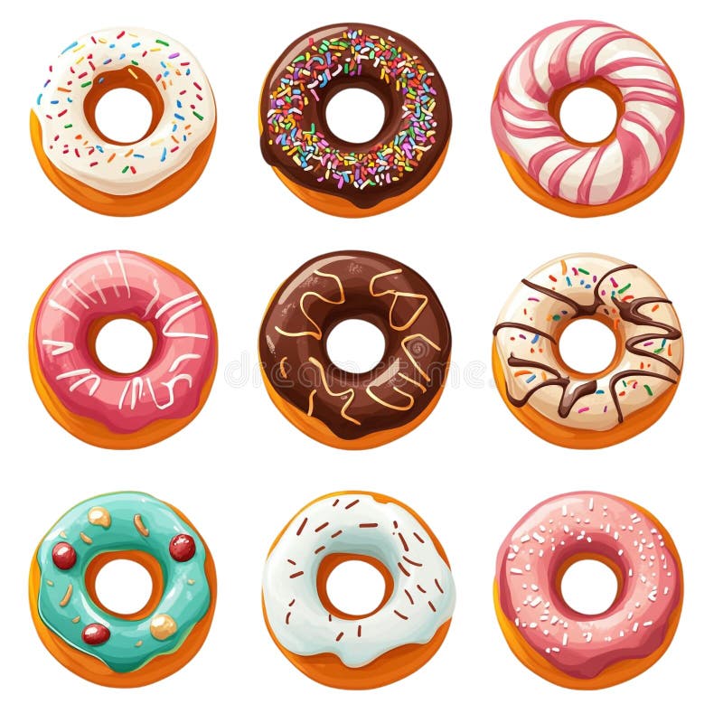 Nine assorted donuts with colorful icing and sprinkles a sweet treat collection stock photo