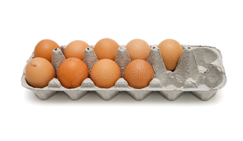 Nine brown eggs in box isolated