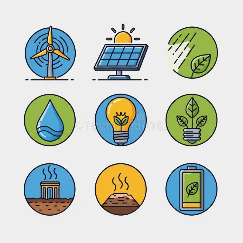 Background colors include blue, green, and yellow, with each icon vector illustration