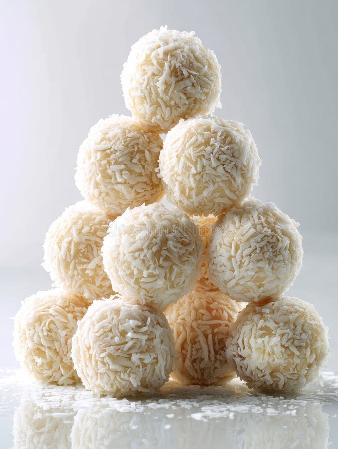 Coconut Balls Arranged in a Creative Triangle Pattern Showcasing Delicate Texture and Vibrant Colors in High-Key royalty free stock photography
