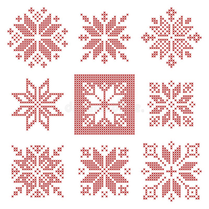 Nine cross stitch snowflakes pattern, Scandinavian style